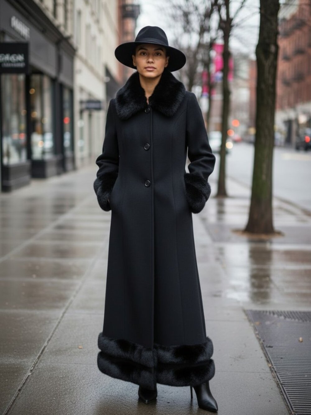 Ashro Wool Blend Coat Faux Fox Fur Collar Cuff Hem Button Up Long Coat Black 10